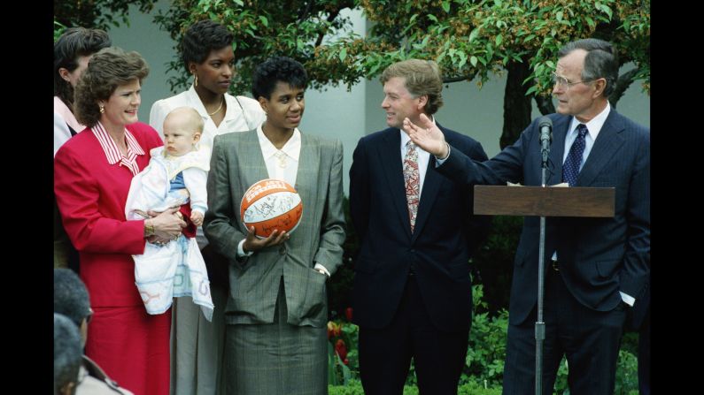 President George Bush honors the University of Tennessee Lady Volunteers, the woman's NCAA Basketball tournament champions, in the White House Rose Garden on April 22, 1991.