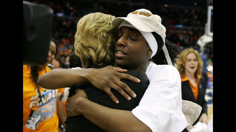 Tennessee Lady Vols player Alberta Auguste hugs head coach Pat Summitt as they celebrate their 59-46 victory against the Rutgers Scarlet Knights to win the 2007 NCAA Women's Basketball Championship Game on April 3, 2007 in Cleveland, Ohio.
