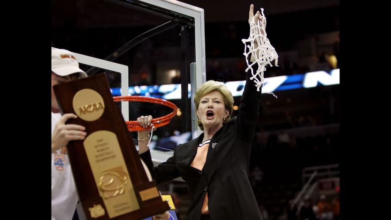 Coach Pat Summitt celebrates after Tennessee's 59-46 win against the Rutgers Scarlet Knights to win the 2007 NCAA Women's Basketball Championship Game on April 3, 2007 in Cleveland, Ohio.