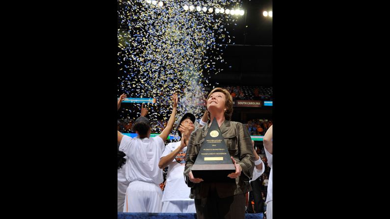 Tennessee Volunteers coach Pat Summitt holds the championship trophy after winning the SEC Women's Basketball Tournament Championship game on March 4, 2012 in Nashville.