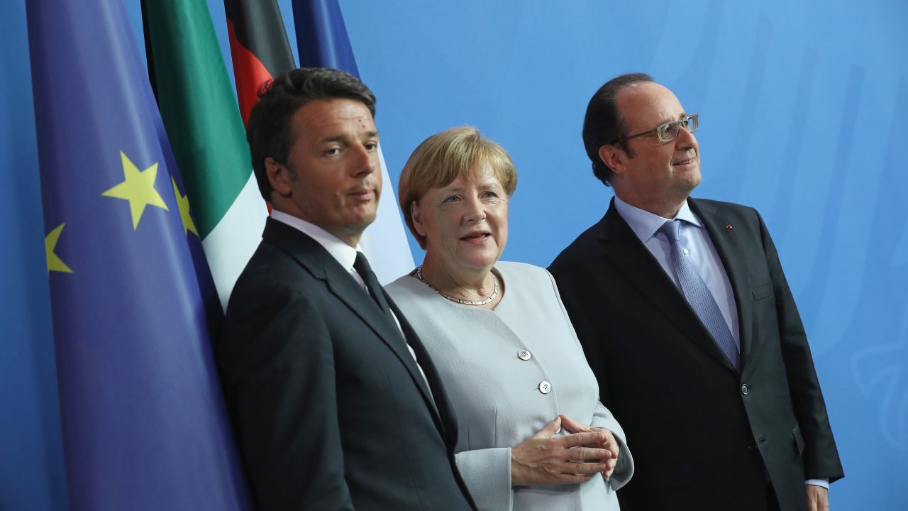 BERLIN, GERMANY - JUNE 27:  German Chancellor Angela Merkel, French President Francois Hollande (R) and Italian Prime Minister Matteo Renzi prepare to depart after speaking to the media during talks at the Chancellery on June 27, 2016 in Berlin, Germany. The three leaders are meeting to discuss the consequences of last week's Brexit vote, in which a slim majority of voters in the United Kingdom voted for leaving the European Union, ahead of tomorrow's summit on the matter in Brussels.  (Photo by Sean Gallup/Getty Images)