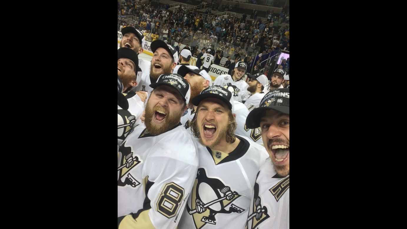 Hockey star Evgeni Malkin, right, <a href="https://twitter.com/malkin71_/status/742315722924134400" target="_blank" target="_blank">takes a selfie</a> with his Pittsburgh Penguins teammates Phil Kessel, left, and Carl Hagelin after they won the Stanley Cup on Sunday, June 12.