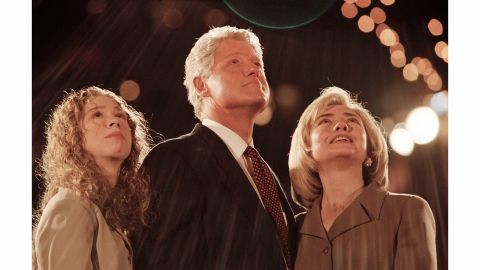 President Bill Clinton is flanked by first lady Hillary Clinton and their daughter, Chelsea, after he won a second term in 1996.