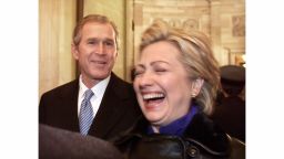 WASHINGTON -- JAN 20: President George W. Bush and Sen. Hillary Rodham Clinton at the U.S. Capitol minutes after Bush was sworn in as the 43rd President of the United States, January 20, 2001. (Photo by David Hume Kennerly/GettyImages).