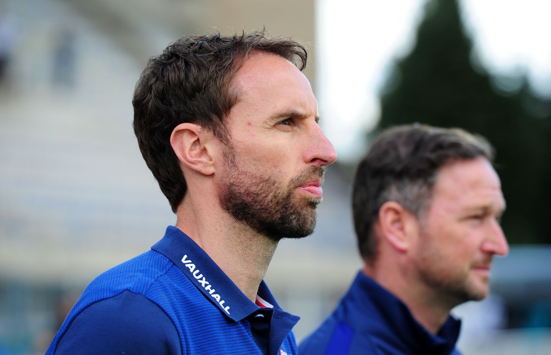 Gareth Southgate (left), England U21 coach during the final of the Toulon Tournament between England and France at Parc Des Sports in Avignon, France.