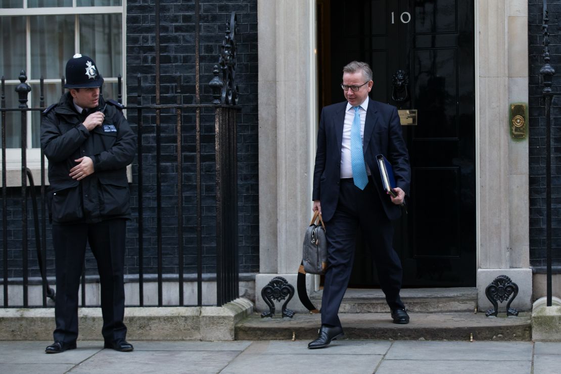 Justice Secretary Michael Gove, who backed Brexit, leaves 10 Downing Street on February 23.