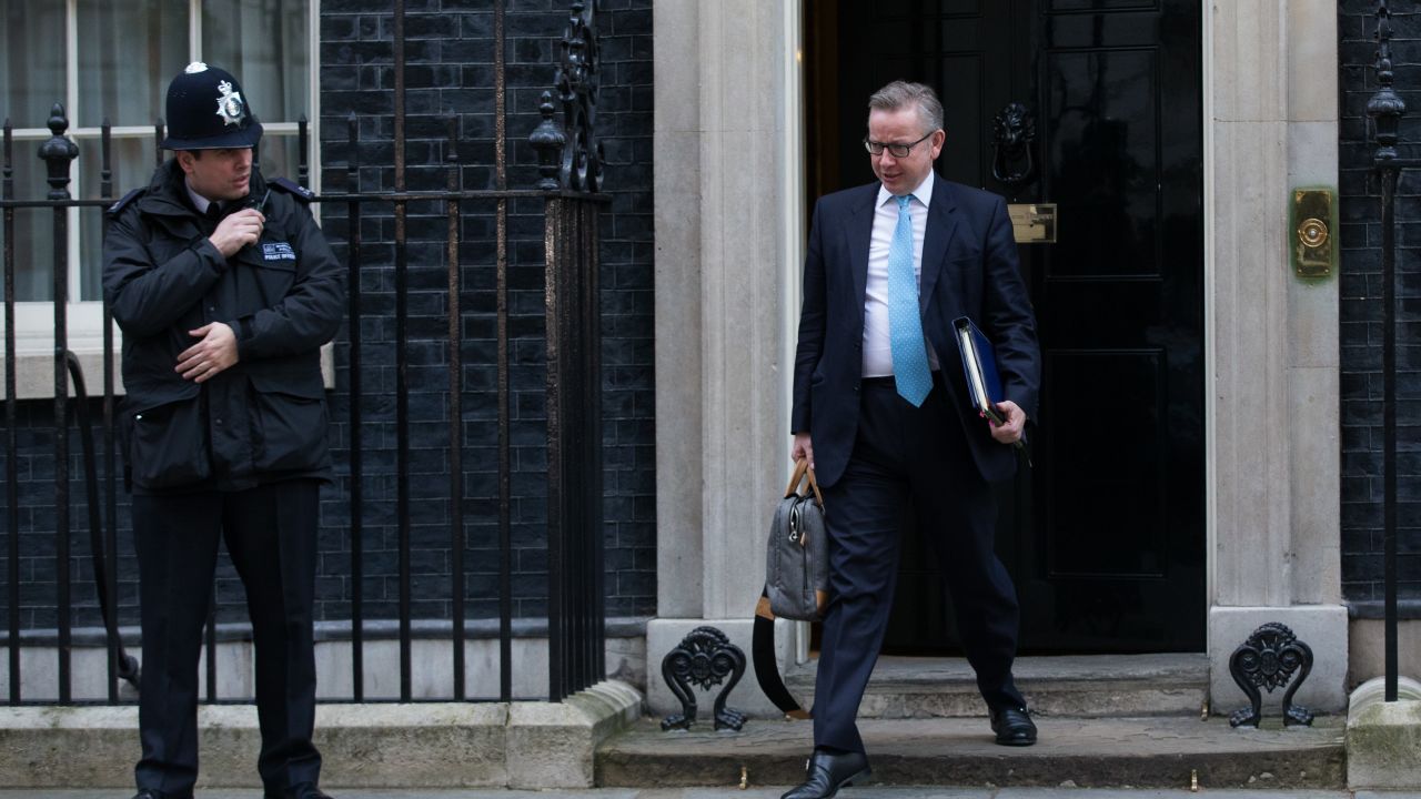 Justice Secretary Michael Gove, who backed Brexit, leaves 10 Downing Street on February 23.