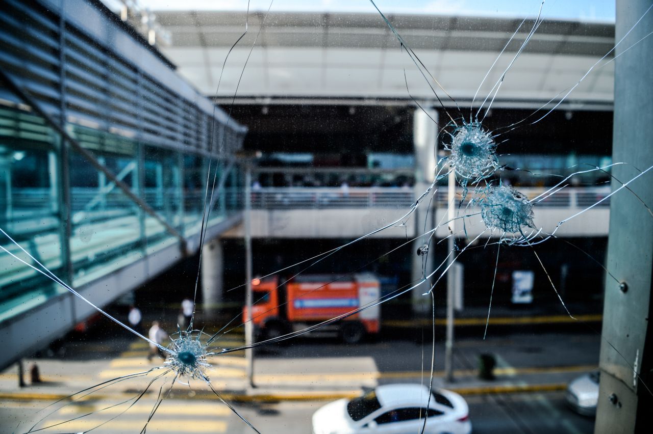 Bullet holes are seen at the airport on Wednesday, June 29.