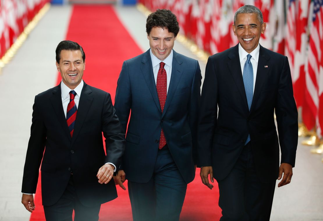 Mexican President Enrique Pena Nieto, Canadian Prime Minister Justin Trudeau and US President Barack Obama arrive for the North American Leaders Summit and Leaders Summit at the National Gallery of Canada on June 29, 2016 in Ottawa, Ontario.