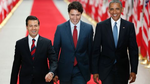 Mexican President Enrique Pena Nieto, Canadian Prime Minister Justin Trudeau and US President Barack Obama arrive for the North American Leaders Summit and Leaders Summit at the National Gallery of Canada on June 29, 2016 in Ottawa, Ontario.