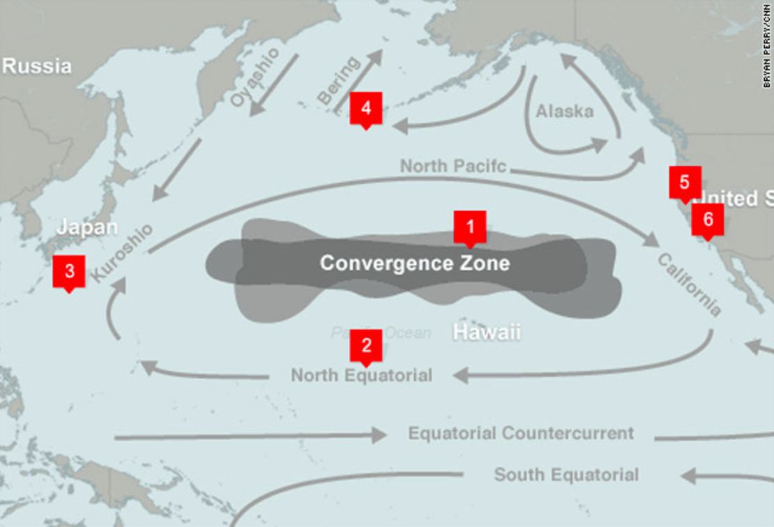 Location and currents of the North Pacific Gyre.