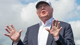 Presumptive Republican presidential nominee Donald Trump speaks to members of the media during a tour of his International Golf Links course north of Aberdeen on the east coast of Scotland on June 25, 2016.