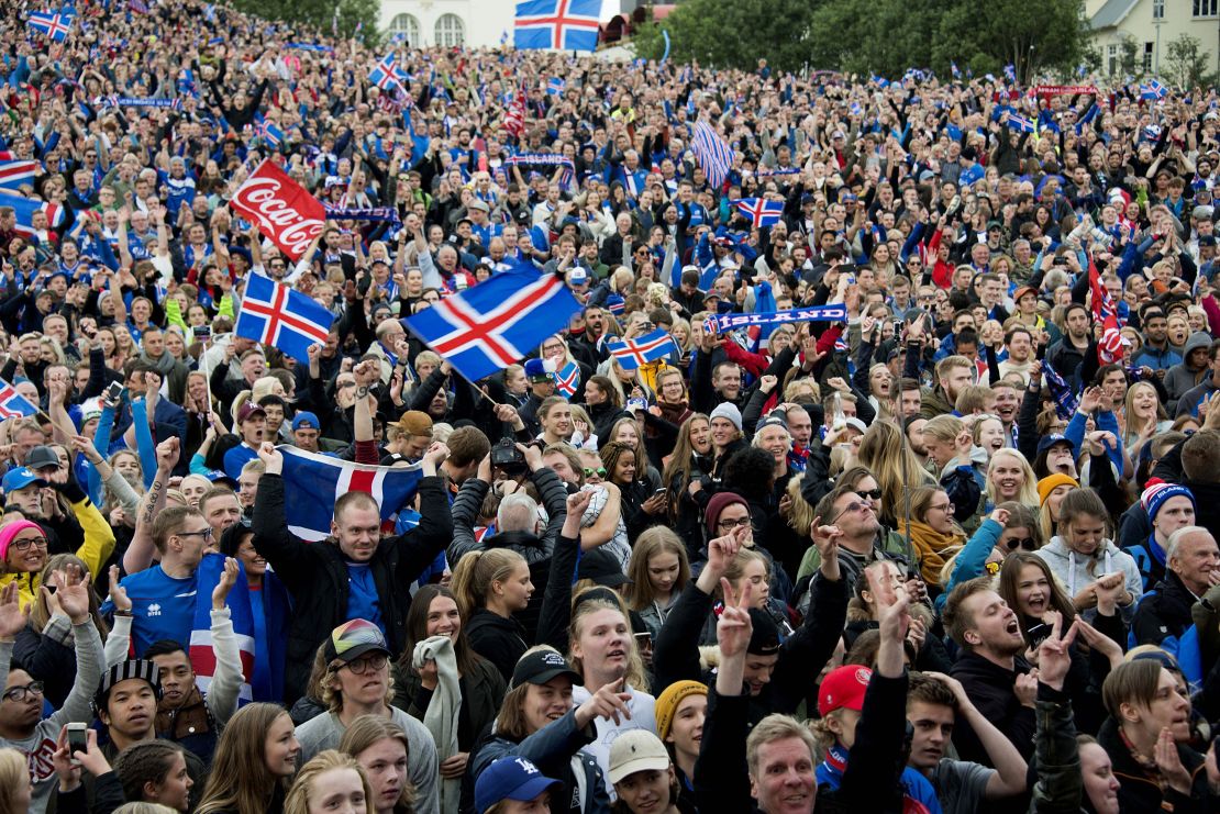 Iceland fans in Reykjavik celebrate the famous victory over England at Euro 2016.