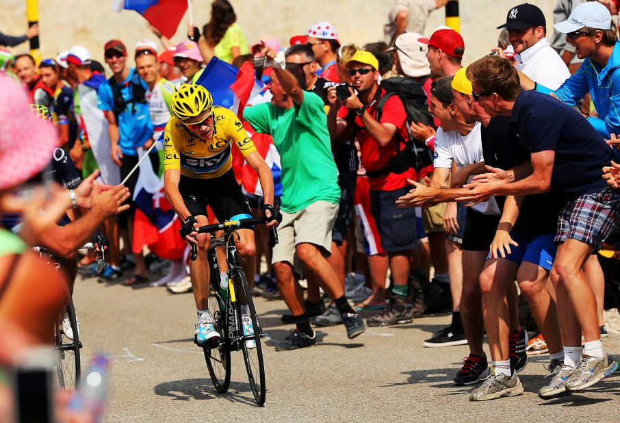 Froome is pictured powering to victory on stage 15 of the 2013 Tour de France on the climb to the Mont Ventoux summit. He is race favorite this year.