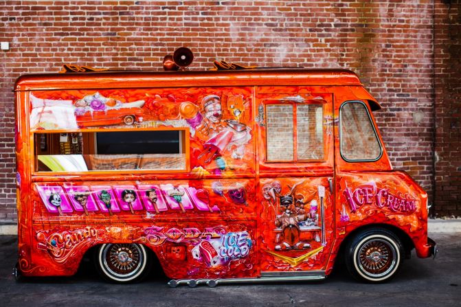 Tattoo artist to the stars Mister Cartoon, whose clients include Lewis Hamilton, Kobe Bryant and Beyoncé, spray-painted this 1963 ice cream truck. <br /><br />"It's like my own version of Willy Wonka's Chocolate Factory meets the 'hood," he said in an interview with <a  target="_blank" target="_blank">Dub magazine</a>. 