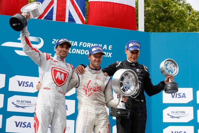 Last year's top three, Sam Bird (centre), Jerome d'Ambrosio (left) and Loic Duval (right) celebrate on the podium at Battersea Park. Who will be this year's winner?