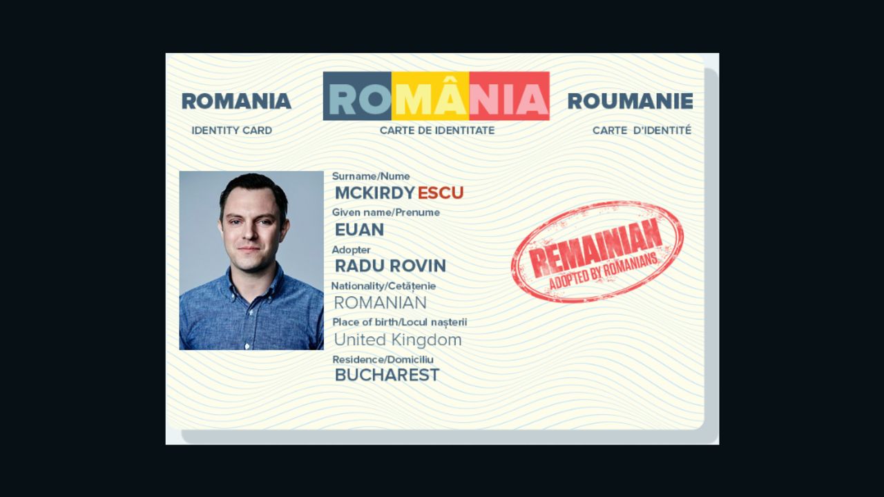 The website pairs Europhile Brits with a sympathetic Romanian and generates a mock-up Romanian ID card, complete with Romanian-icized name.