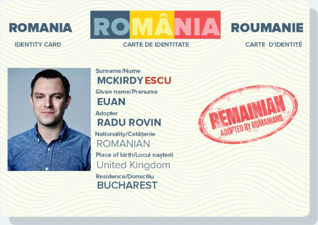 The website pairs Europhile Brits with a sympathetic Romanian and generates a mock-up Romanian ID card, complete with Romanian-icized name.