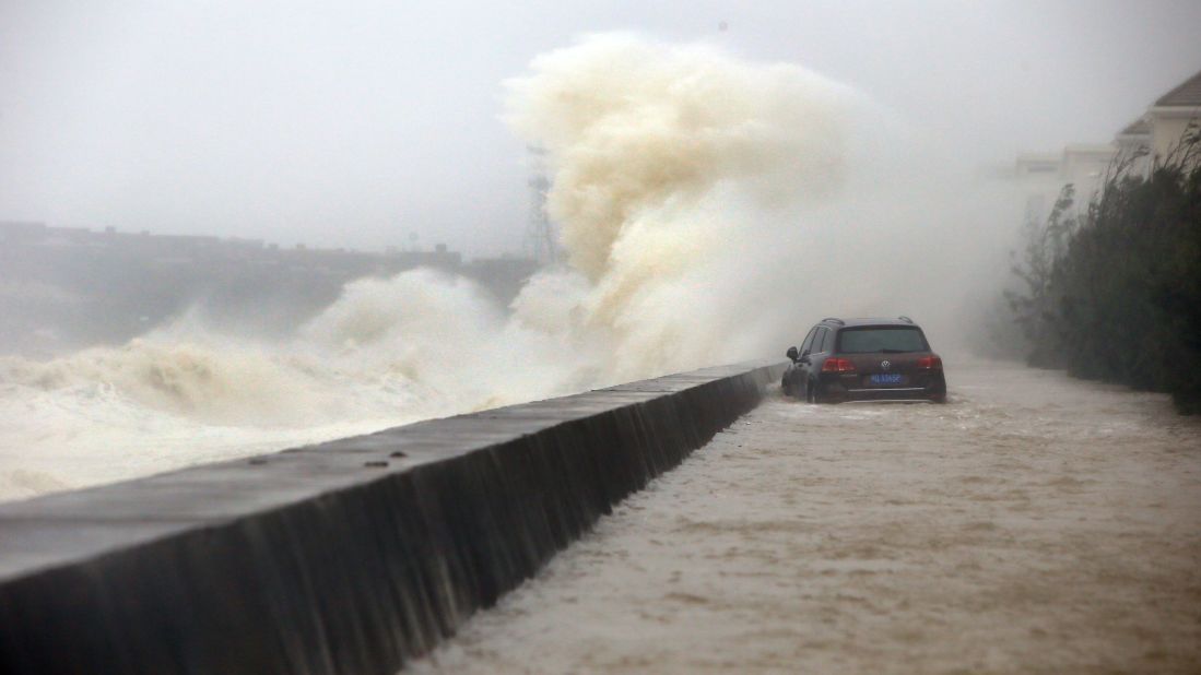 Strong waves brought by Typhoon Dujuan hit breakwater on September 29, 2015 in Quanzhou, China.