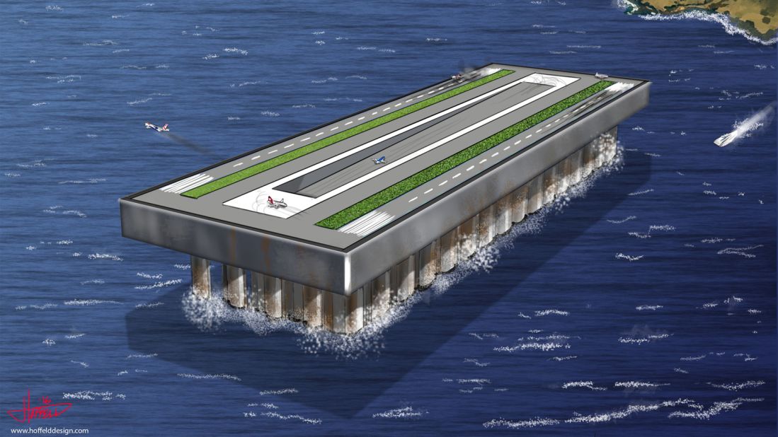 American aeronautical engineer Terry Drinkard's floating airport concept draws heavily from technologies and materials that have already been tested in the construction of deepwater oil rigs.