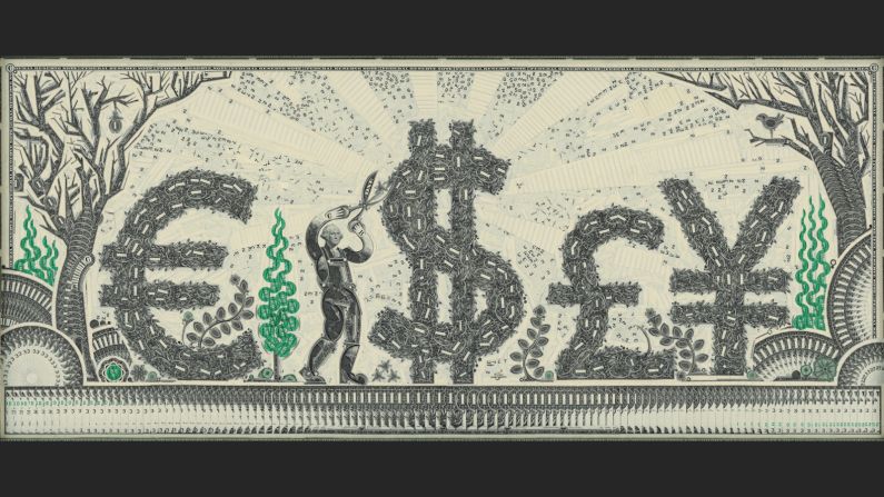 The artist says that money -- especially the U.S. one dollar bill -- is readily available and the design of the currency lends itself well to collage work. 