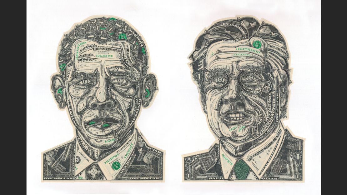 Wagner's portraits made from U.S. dollar bills