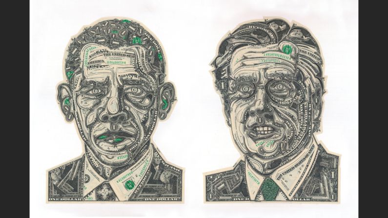 He says that money -- especially the U.S. one dollar bill -- is readily available and the texture and design of the bills lends itself well to collage work. 