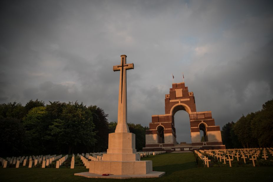 The late-evening sun illuminates the Thiepval Memorial to the Missing of the Somme near Albert, France, on May 16. The memorial was designed by Sir Edwin Lutyens and unveiled in 1932.