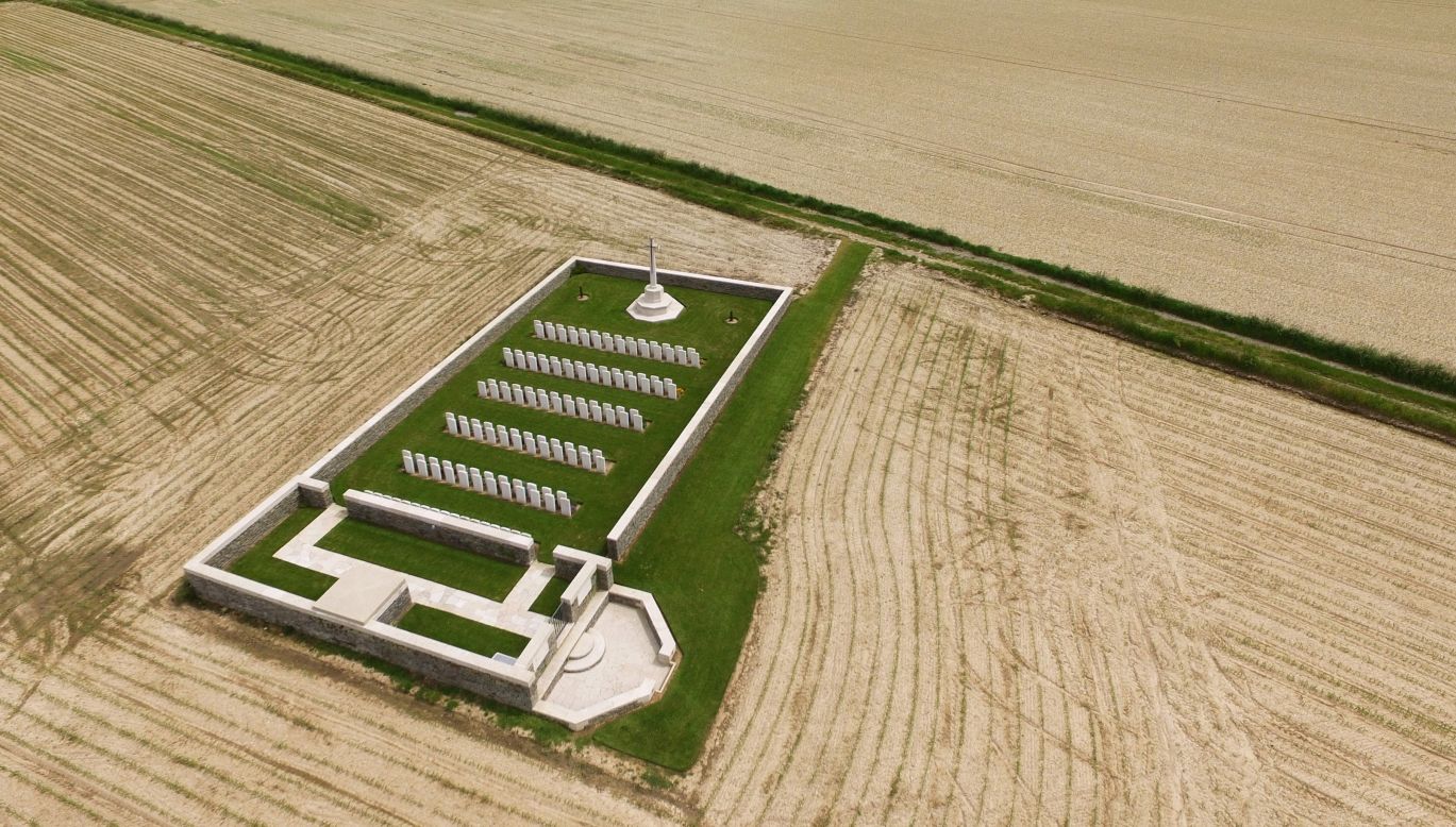 An aerial photo taken on June 10 shows the World War I Munich Trench cemetery in Thiepval, France. The cemetery is one of many that dot the vast landscape, containing graves of soldiers who died during the Battle of the Somme.