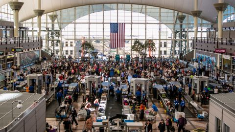 The TSA security lines crowded with vacation travelers in Denver, Colorado. 