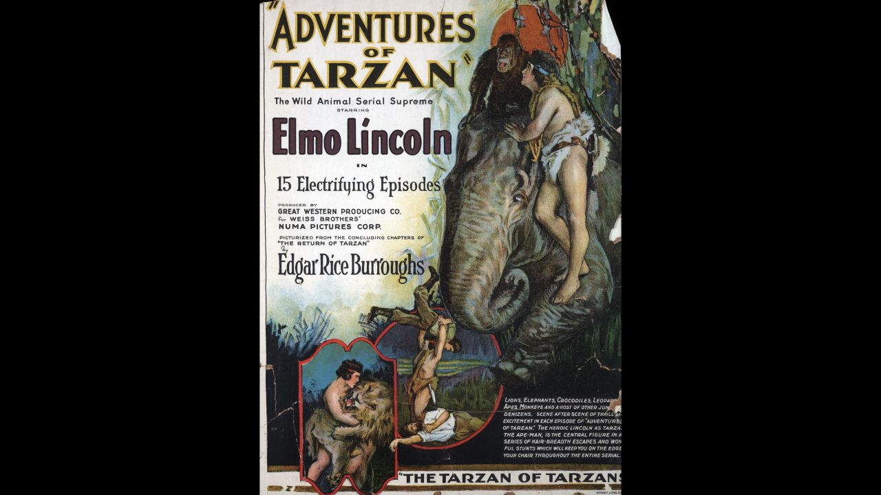 The fourth screen version of Tarzan was a 15-part movie silent serial, "Adventures of Tarzan", starring Elmo Lincoln, a little less naked in an animal skin. Stranded in Africa after his English parents die, young Tarzan is raised by an ape, battles animals and a volcano, and rescues Jane from Arab slave traders. A window card for the 1921 serial shows scenes.