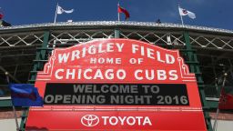 CHICAGO, IL - APRIL 11: A redesigned marquee, one of the "art deco" changes made to make Wrigley Field look as it did in the 1930's, is shown before the home opener between the Chicago Cubs and the Cincinnati Reds on April 11, 2016 in Chicago, Illinois.  (Photo by Jonathan Daniel/Getty Images)