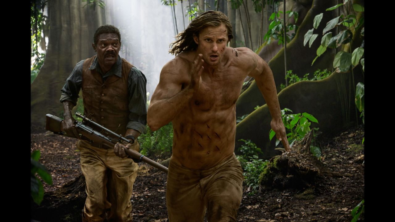 2016's take on Tarzan, "The Legend of Tarzan", features Alexander Skarsgård (shown here with Samuel L. Jackson) as the white hero, but avoids many of the earlier Tarzan mistakes, writes Beale. Native characters, most of them played by  African actors, such as Benin native Djimon Honsou, have speaking roles, and the film gives a sophisticated view of African society.