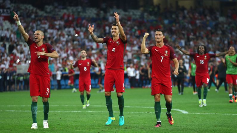 Portuguese players celebrate Thursday, June 30, after they defeated Poland to advance to the semifinals of Euro 2016. The match in Marseille, France, ended 1-1 after extra time.