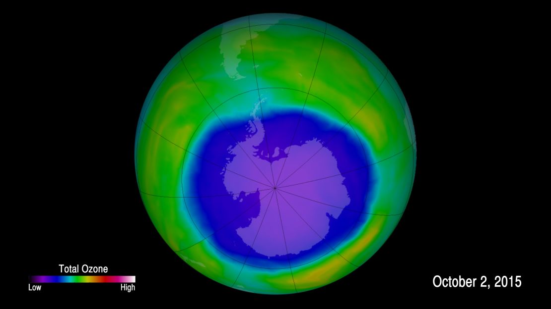 This image shows ozone concentrations above Antarctica on October 2, 2015.