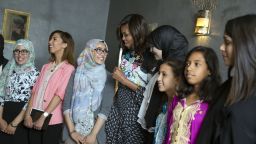 First Lady Michelle Obama talks with students about "girl power" prior to a conversation in support of the Let Girls Learn initiative, at Dar Diafa Restaurant in Marrakech, Morocco, June 28, 2016. (Official White House Photo by Amanda Lucidon)