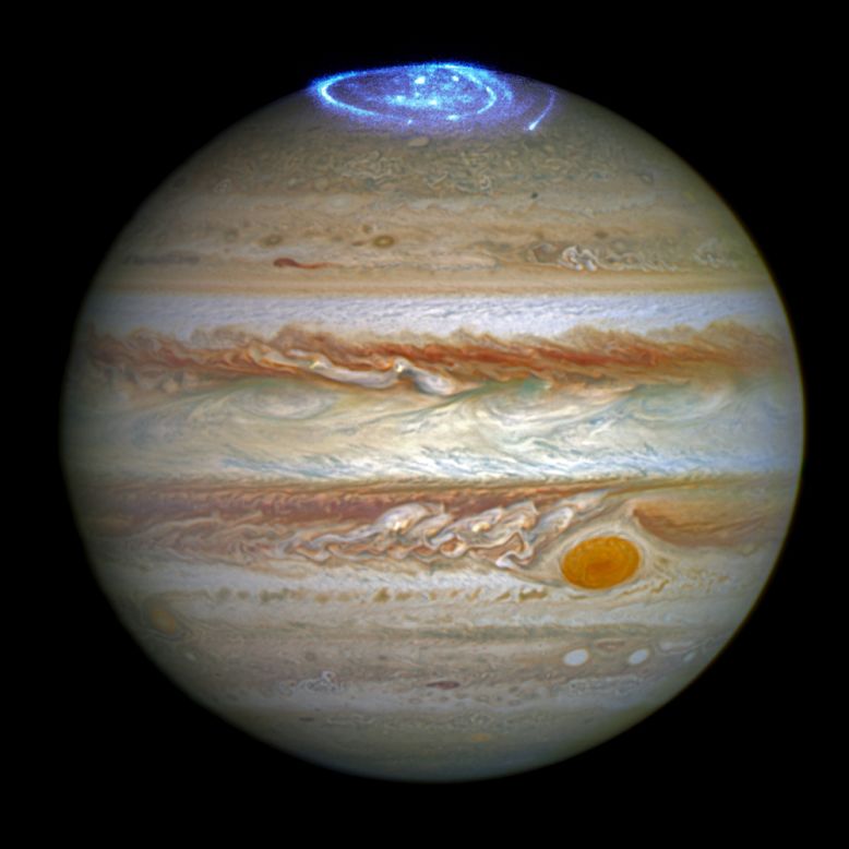 NASA's Hubble Space Telescope captured images of Jupiter's auroras on the poles of the gas giant. The observations were supported by measurements taken by Juno.