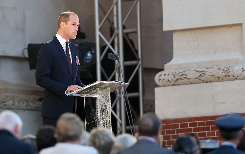 Britain's Prince William delivers a speech during a commemoration ceremony at the Thiepval Memorial. The battle was the deadliest in British history, in which 20,000 men died on the first day of combat alone. In a foreword for the Somme Centenary Commemorative Service program, he wrote: "It is truly terrifying to imagine the destruction wrought across this landscape 100 years ago today. However, we now return to the battlefield in a spirit of reconciliation and respect."