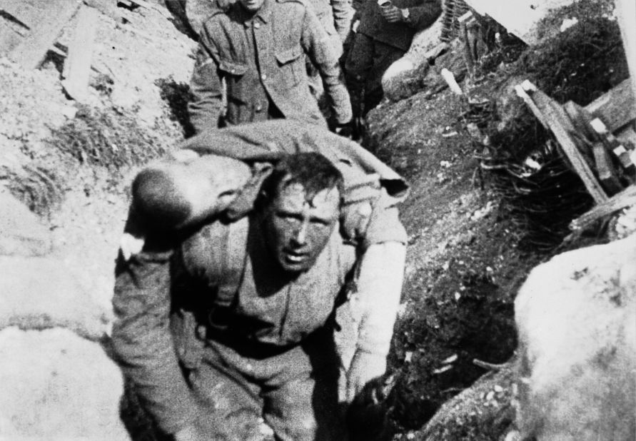 A still from the film, "The Battle of the Somme," shows a British soldier carrying a wounded comrade back from the front line. The scene is generally accepted as having been filmed on the first day of the battle on July 1, 1916. The film and film stills are part of the Imperial War Museum's collections, and the film is featured in IWM London's new exhibition, "Real to Reel: A Century of War Movies."