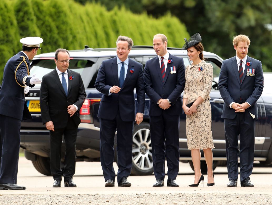 French President Francois Hollande, British Prime Minister David Cameron, the Duke and Duchess of Cambridge, and Prince Harry attend the service at Thiepval.