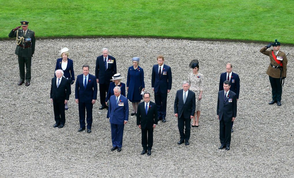 Prince Charles, French President Francois Hollande, Irish President Michael D Higgins, British Prime Minister David Cameron, Camilla, Duchess of Cornwall, the Duke and Duchess of Cambridge, and Prince Harry are seen are pictured at the Thiepval Memorial where 70,000 British and Commonwealth soldiers with no known grave are commemorated.