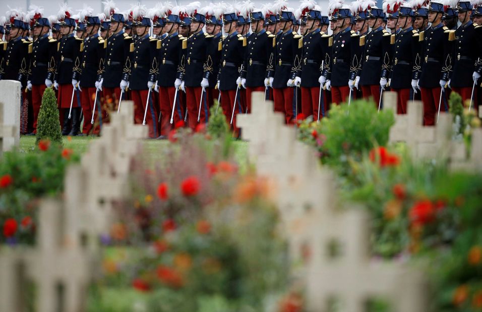 French soldiers stand in line during the Somme Centenary Commemorative Service at Thiepval Memorial to the Missing on Friday, July 1. It is 100 years since the Battle of the Somme took place, in which French and British armies fought the Germans during World War I. A series of major ceremonies are planned across Europe.