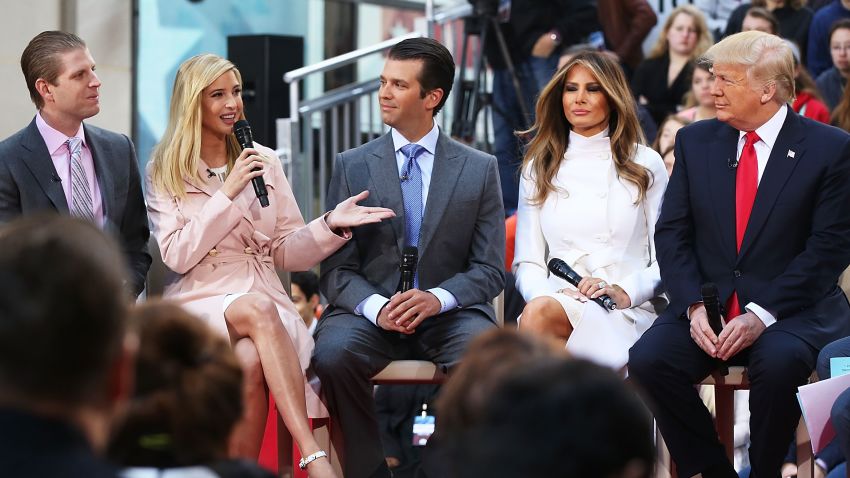 Republican presidential candidate Donald Trump sits with his wife Melania Trump and from left: daughter Tiffany, son Eric, daughter Ivanka and son Donald Trump Jr.while appearing at an NBC Town Hall at the Today Show on April 21, 2016 in New York City.