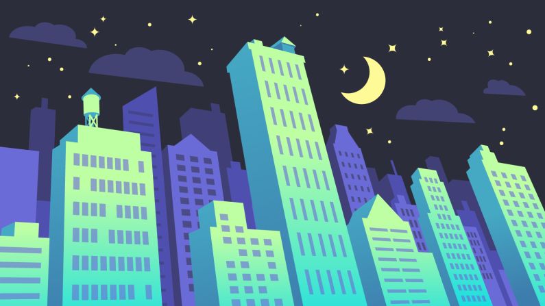 This illustration imagines a future in which streets are lined with luminous buildings.