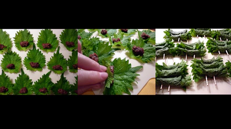 In this dish, walnuts and miso are combined with toasted sesame to make an addictively tasty filling for shiso leaves. The leaves are wrapped, skewered and then lightly seared in sesame oil. 