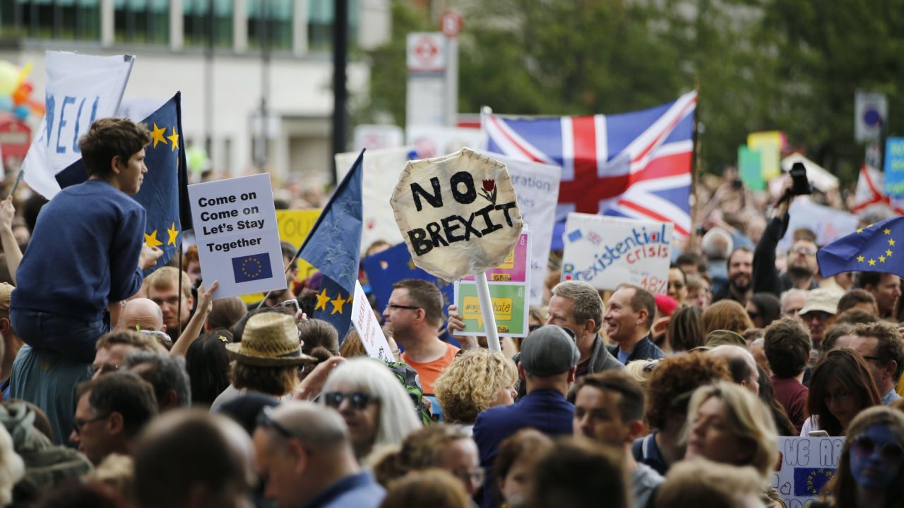 Pro-EU campaigners protest against Britain leaving the European Union in central London during a march from Park Lane to Parliament Square on Saturday, July 2.