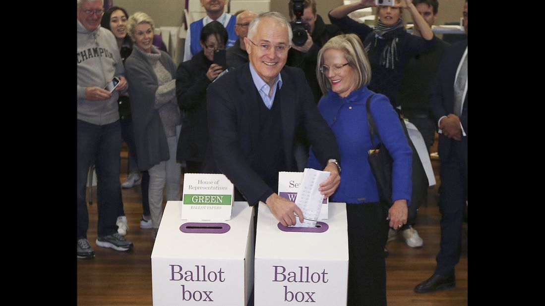 Australian Prime Minister Malcolm Turnbull and his wife Lucy cast their votes in the federal election on Saturday, July 2.