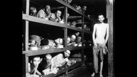 This April 16, 1945, photo provided by the U.S. Army shows inmates in their barracks at Germany's Buchenwald concentration camp a few days after its liberation by U.S. troops. Elie Wiesel, who died July 2, 2016, is in the middle row of bunks, seventh man from the left.  