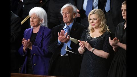 Holocaust survivor Elie Wiesel, center; his wife, Marion, left; and Sara Netanyahu, wife of Israeli Prime Minister Benjamin Netanyahu, are pictured in the U.S. House of Representatives chamber before Netanyahu's address to a joint meeting of Congress, March 3, 2015. Wiesel died Saturday, July 2, 2016, at age 87.