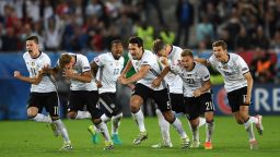 BORDEAUX, FRANCE - JULY 02:  Germany  players dash to celebrate their win through the penalty shootout after Jonas Hector scores to win the game after the UEFA EURO 2016 quarter final match between Germany and Italy at Stade Matmut Atlantique on July 2, 2016 in Bordeaux, France.  (Photo by Laurence Griffiths/Getty Images)
